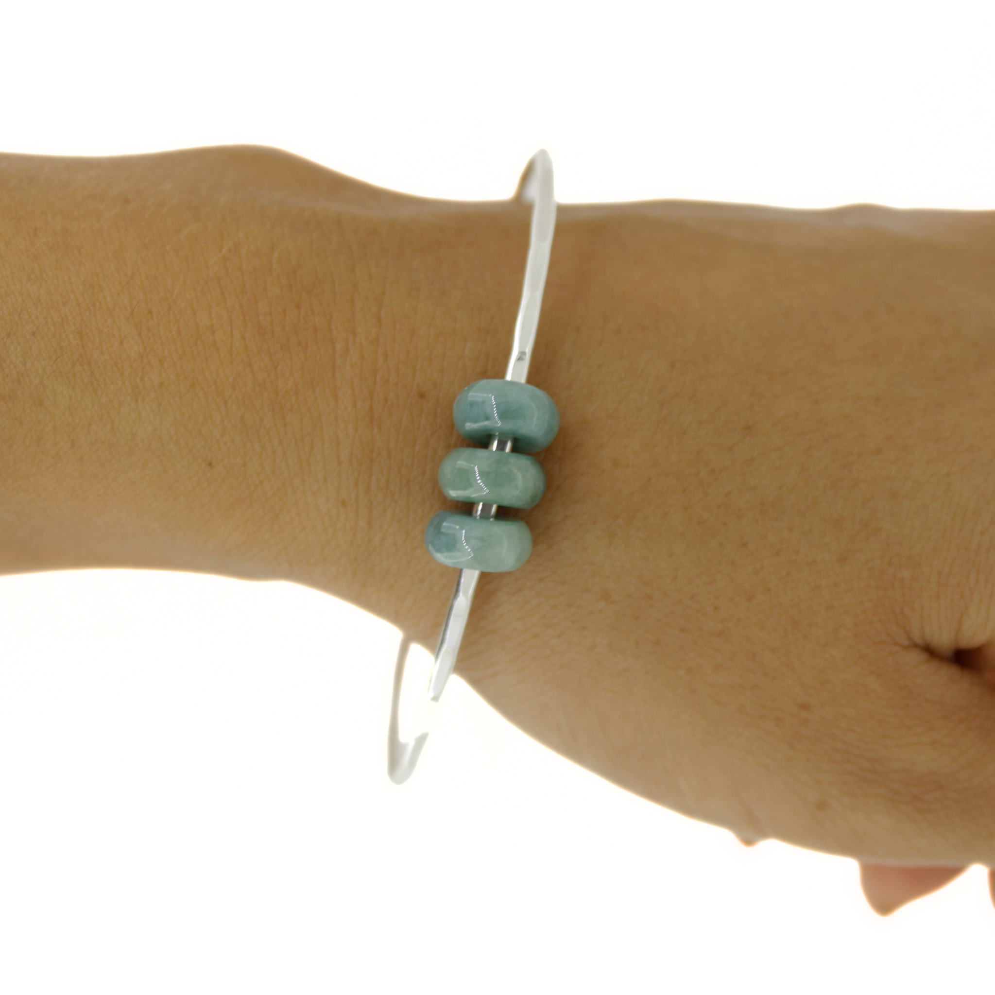 Sterling Silver Green Three Jade Donut Bangle