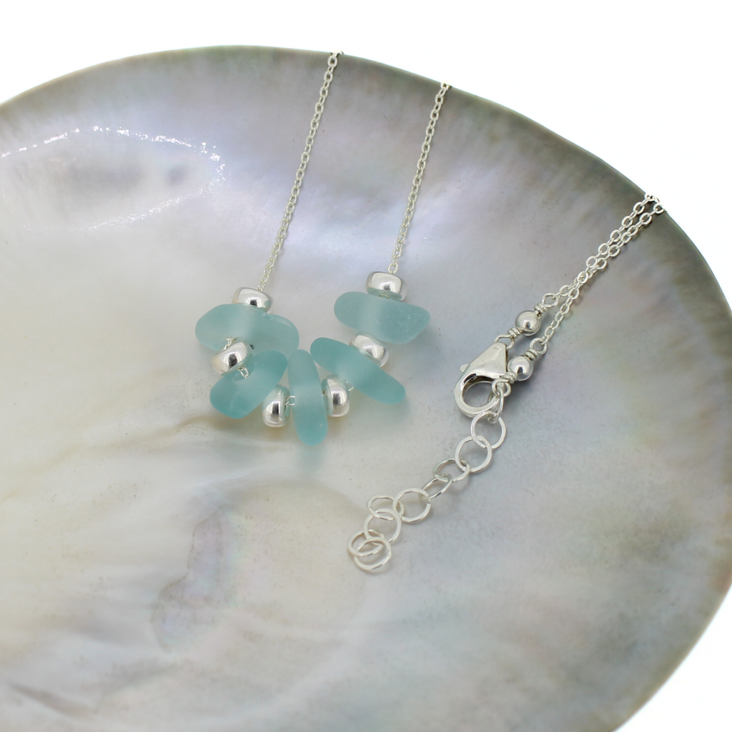 Sterling Silver Blue Sea Glass Floating Necklace