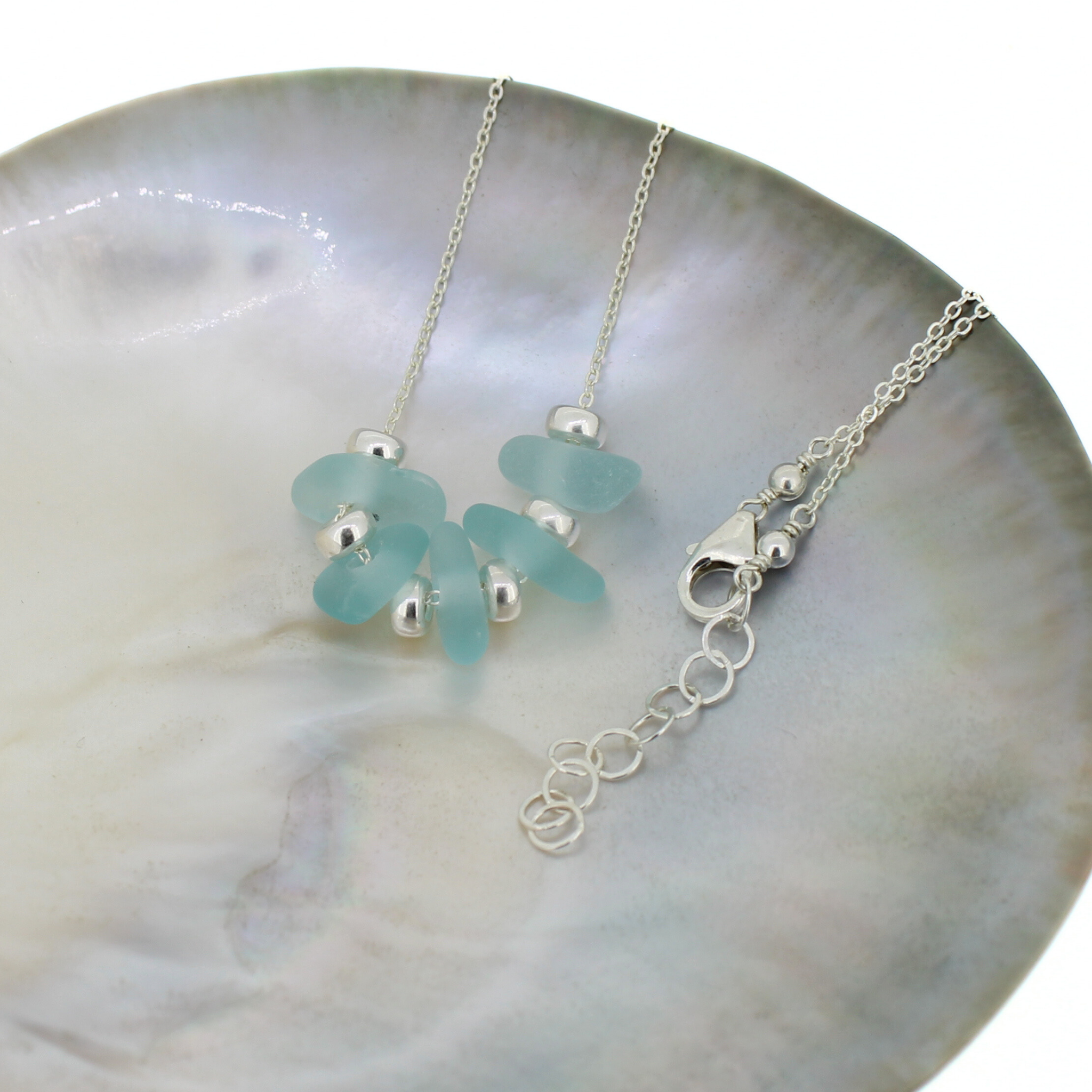 Sterling Silver Blue Sea Glass Floating Necklace