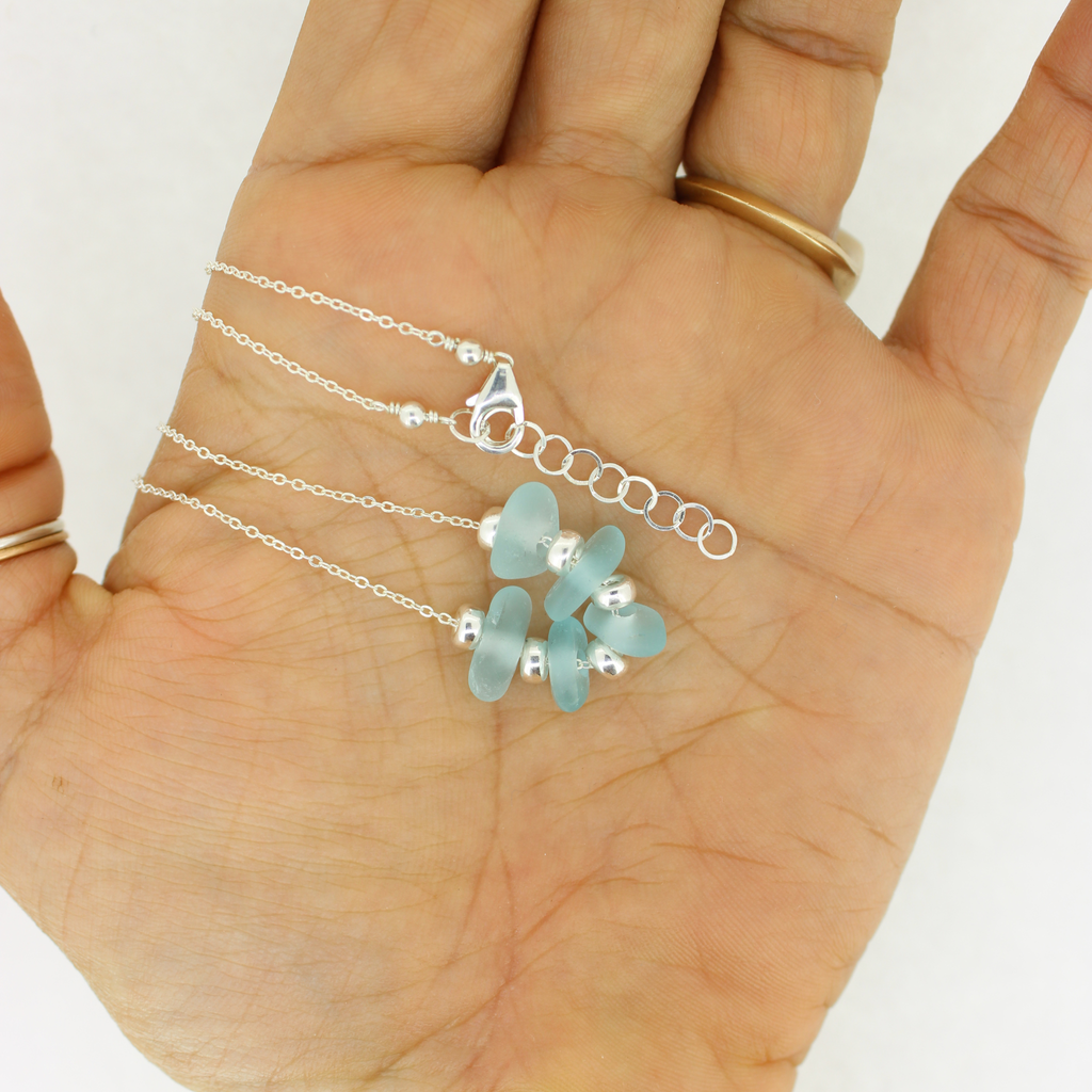 Sterling Silver Blue Sea Glass Floating Necklace