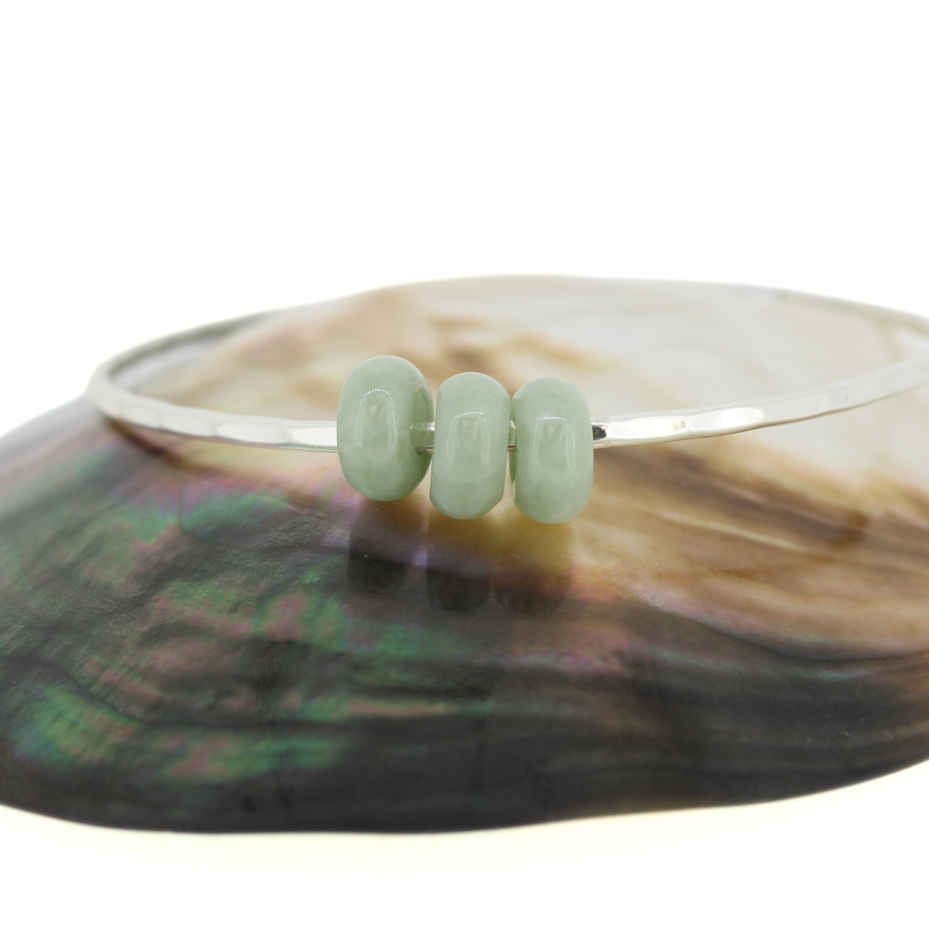 Sterling Silver Green Three Jade Donut Bangle