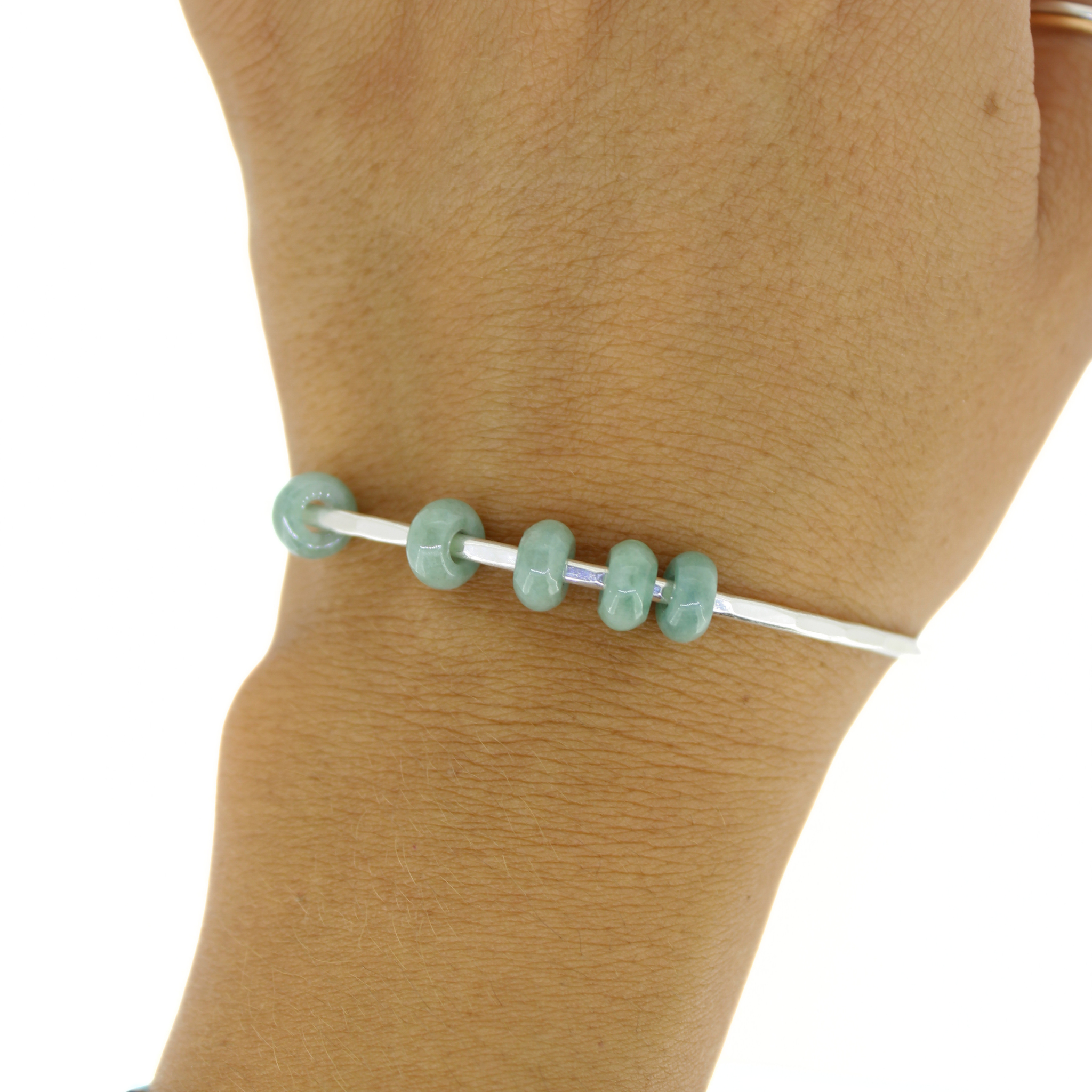 Sterling Silver Green Five Mini Jade Donut Bangle