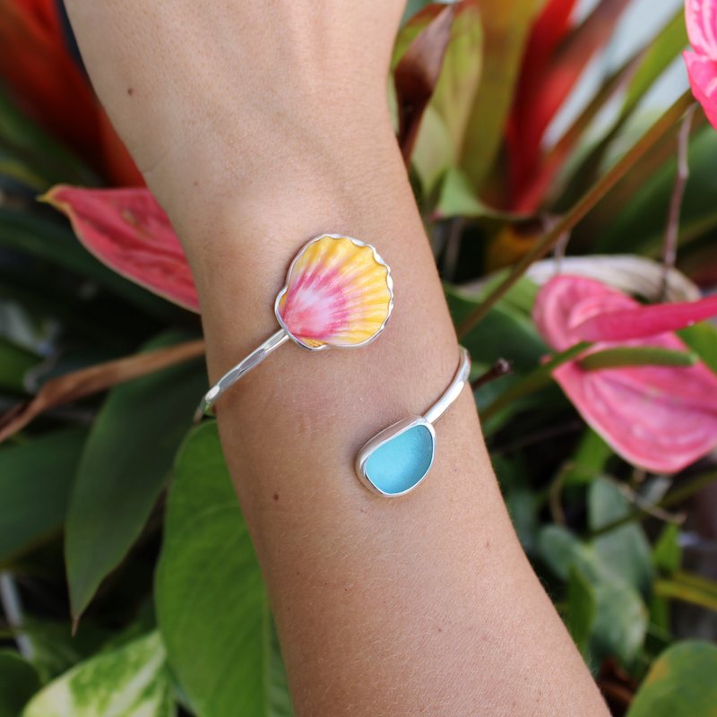 Brianne & Co. Sterling Silver Sunrise Shell & Sea Glass Bypass Cuff Size Small