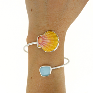 Sterling Silver Sunrise & Sea Glass Bypass Cuff Size Medium