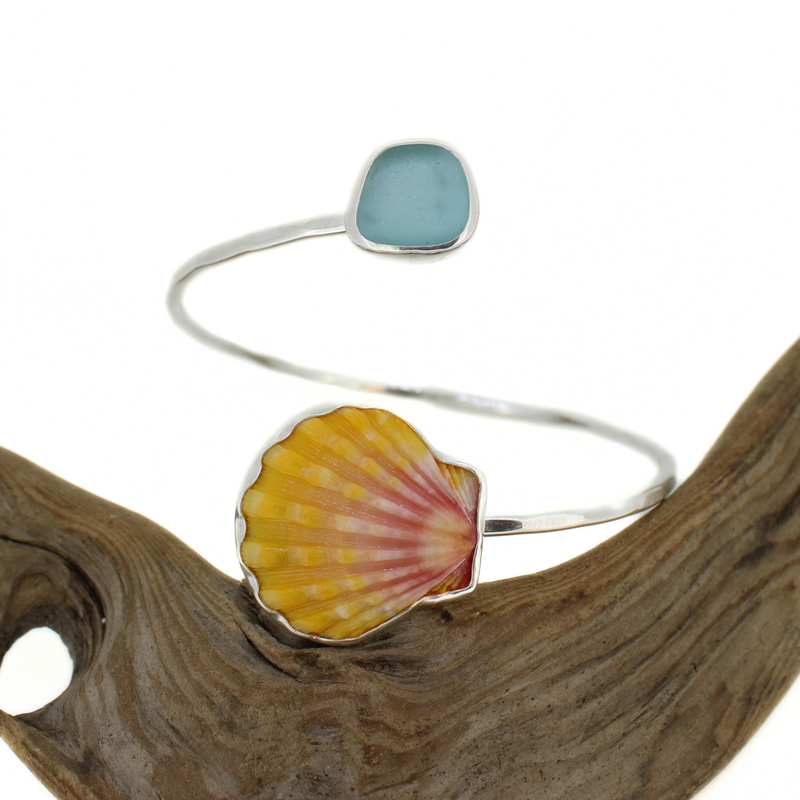 Sterling Silver Sunrise & Sea Glass Bypass Cuff Size Medium