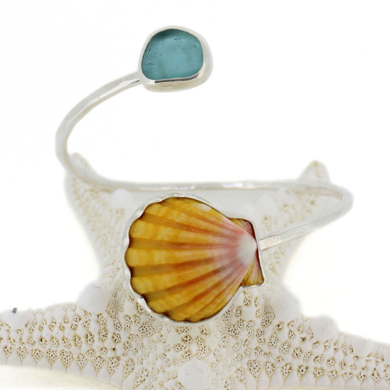 Sterling Silver Sunrise & Sea Glass Bypass Cuff Size Small