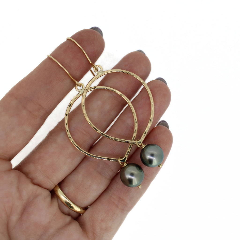 Gold Tahitian pearl hoop earrings by Brianne & Co.