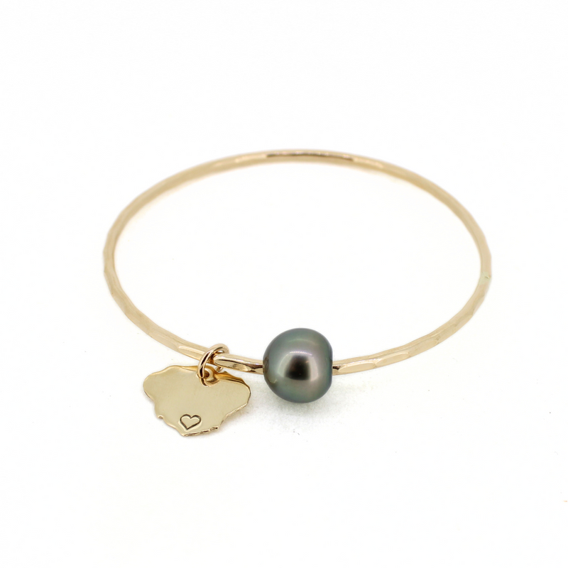 14k gold fill Tahitian pearl bangle bracelet with Kauai island charm handmade by Brianne & Co.