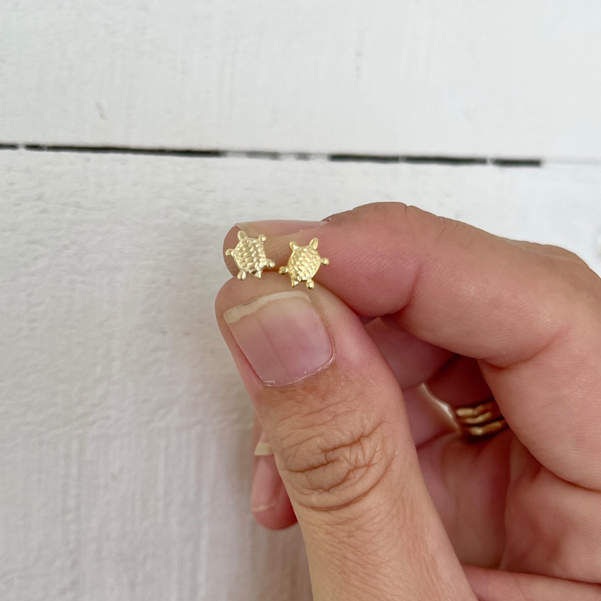 Brianne & Co. 14k gold filled tiny honu turtle stud earrings in hand for size reference