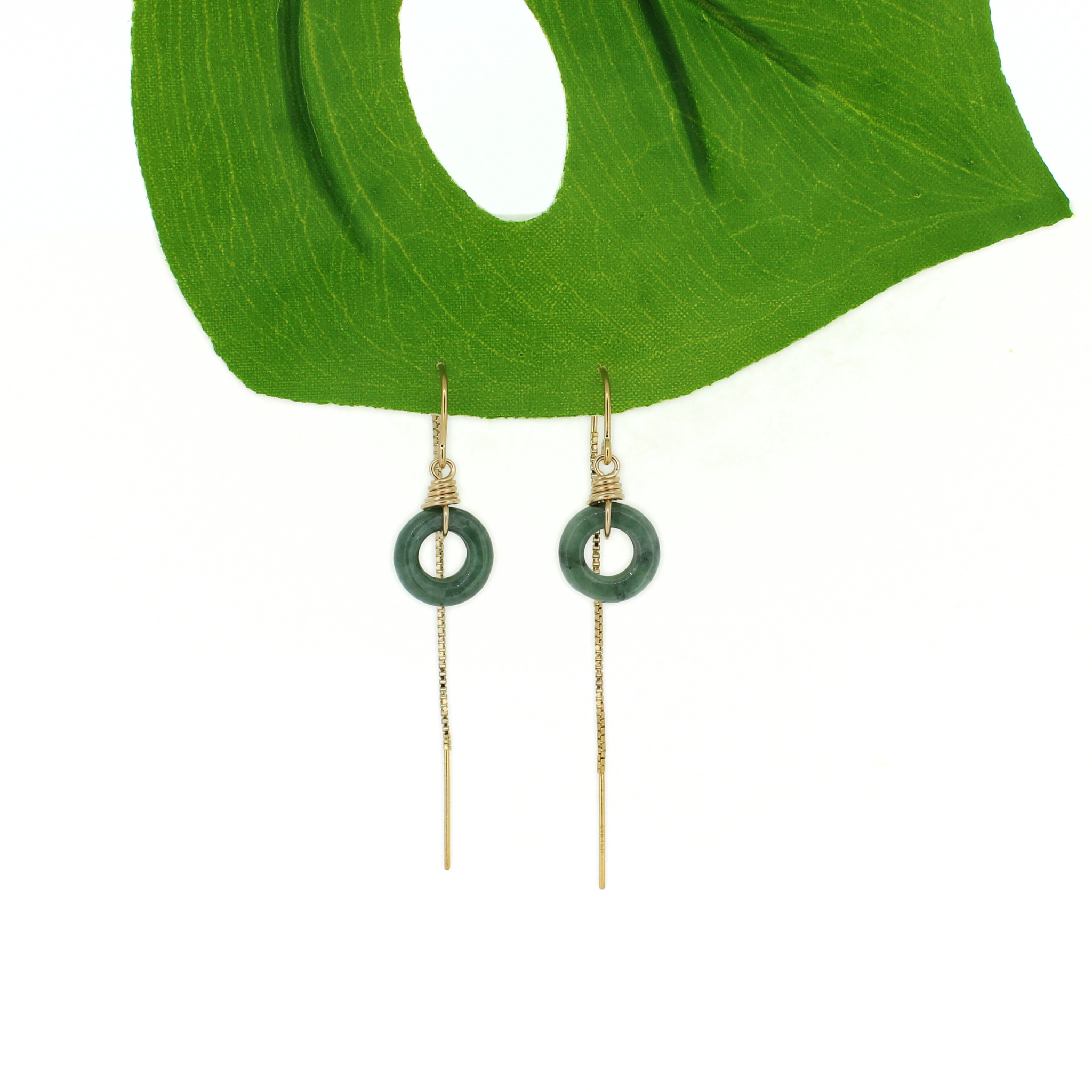 Gold Fill Green Mini Jade Donut Threader Earrings