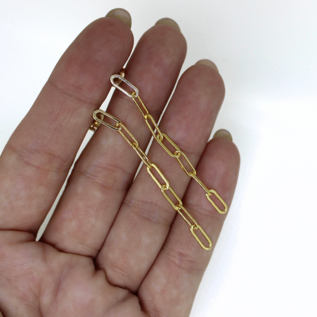 Brianne & Company gold fill paper clip stud dangle earrings in hand