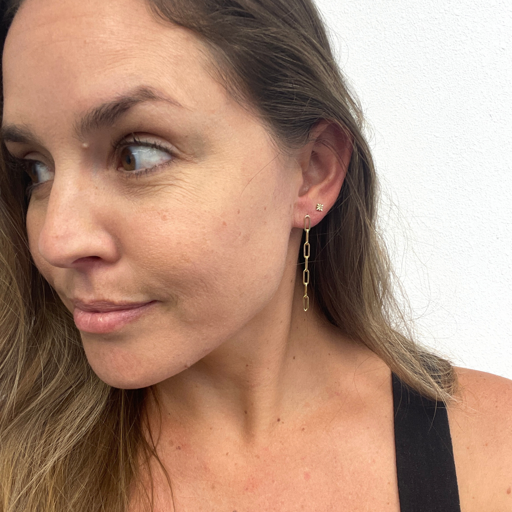 Brianne & Co. gold fill paper clip chain stud earrings on model