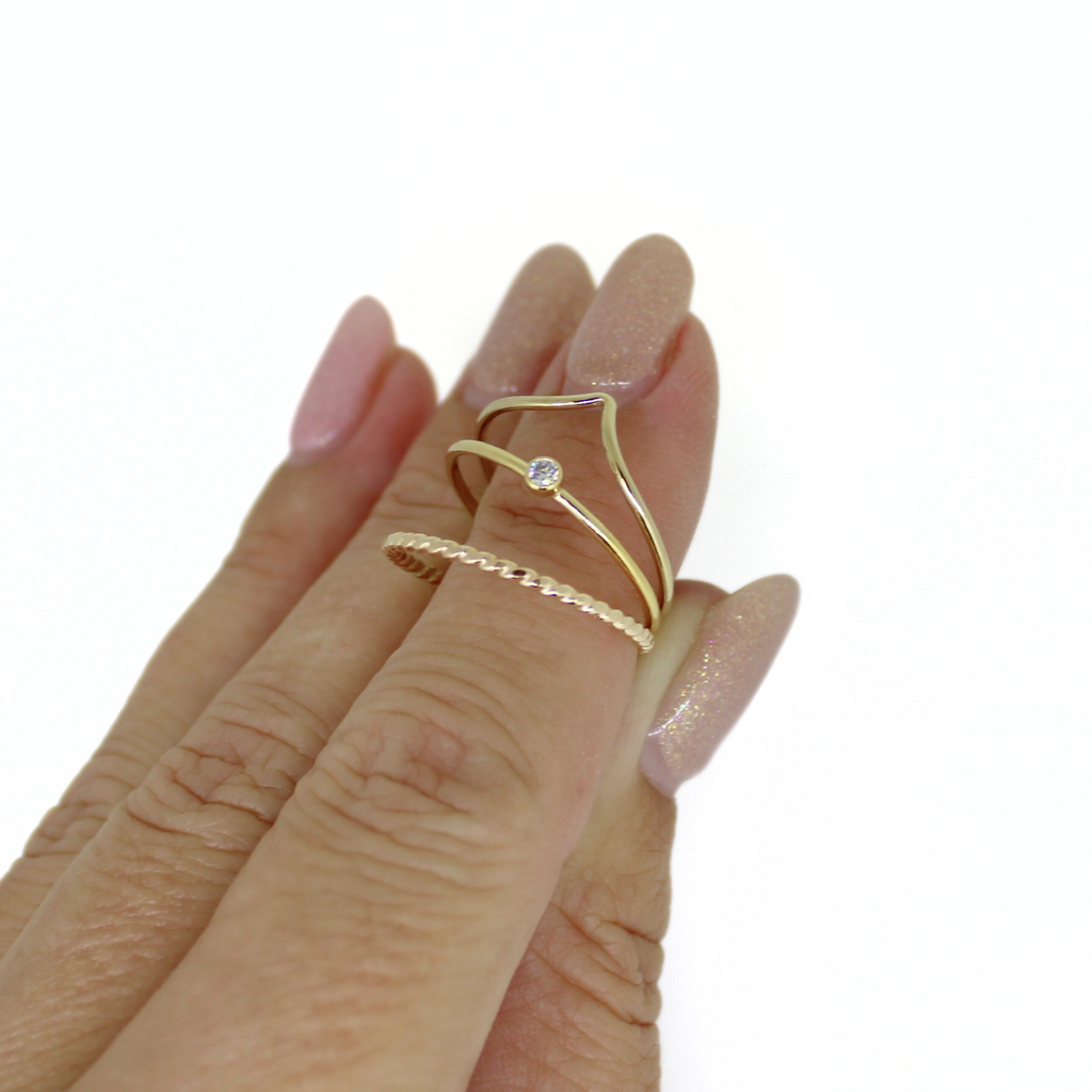 Brianne & Co. set of 3 gold fill stackable ring set (twisted texture, 2mm cz and chevron shape)