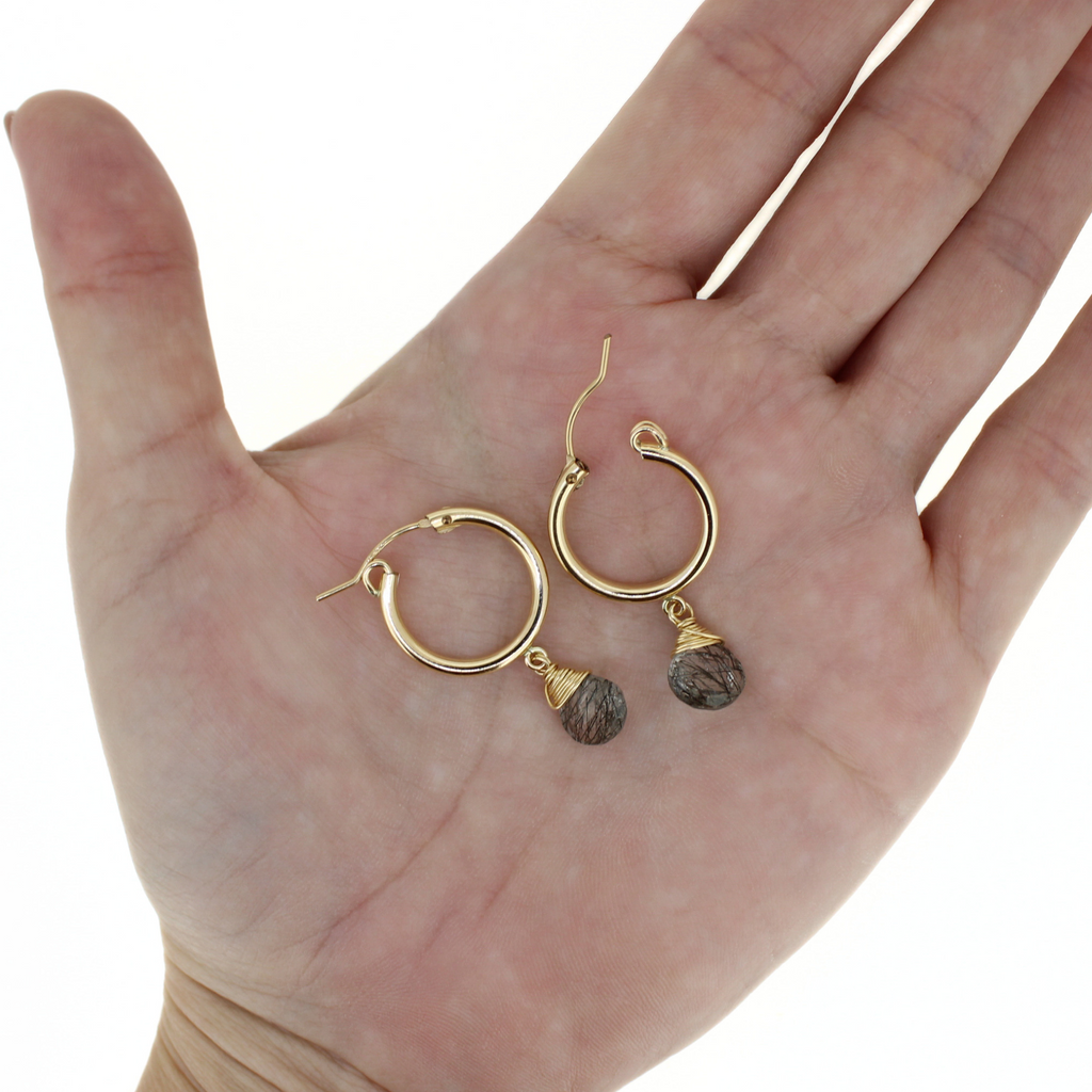 Brianne & Co. gold fill rutile quartz hoop earrings on hand for size reference