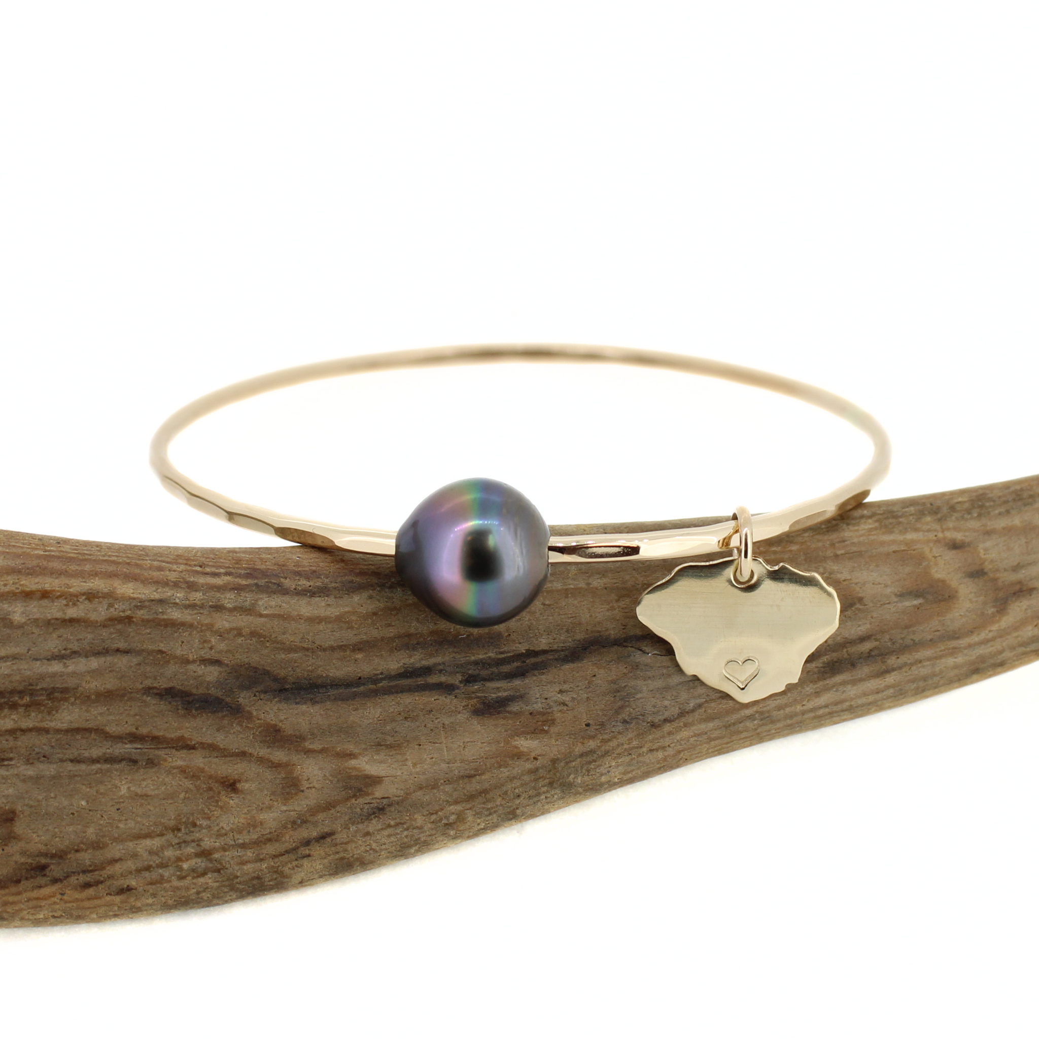 Brianne &Co. 14k gold fill Tahitian pearl bangle with our signature Kauai island charm
