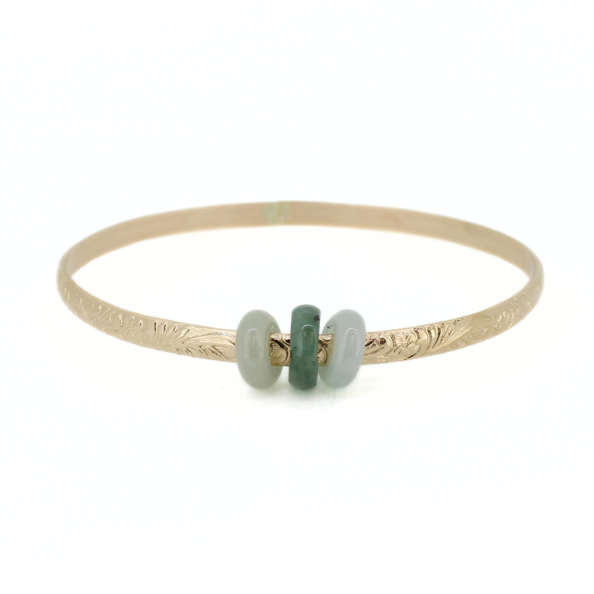 Brianne & Co. 14k gold fill heirloom style bangle bracelet featuring green jade