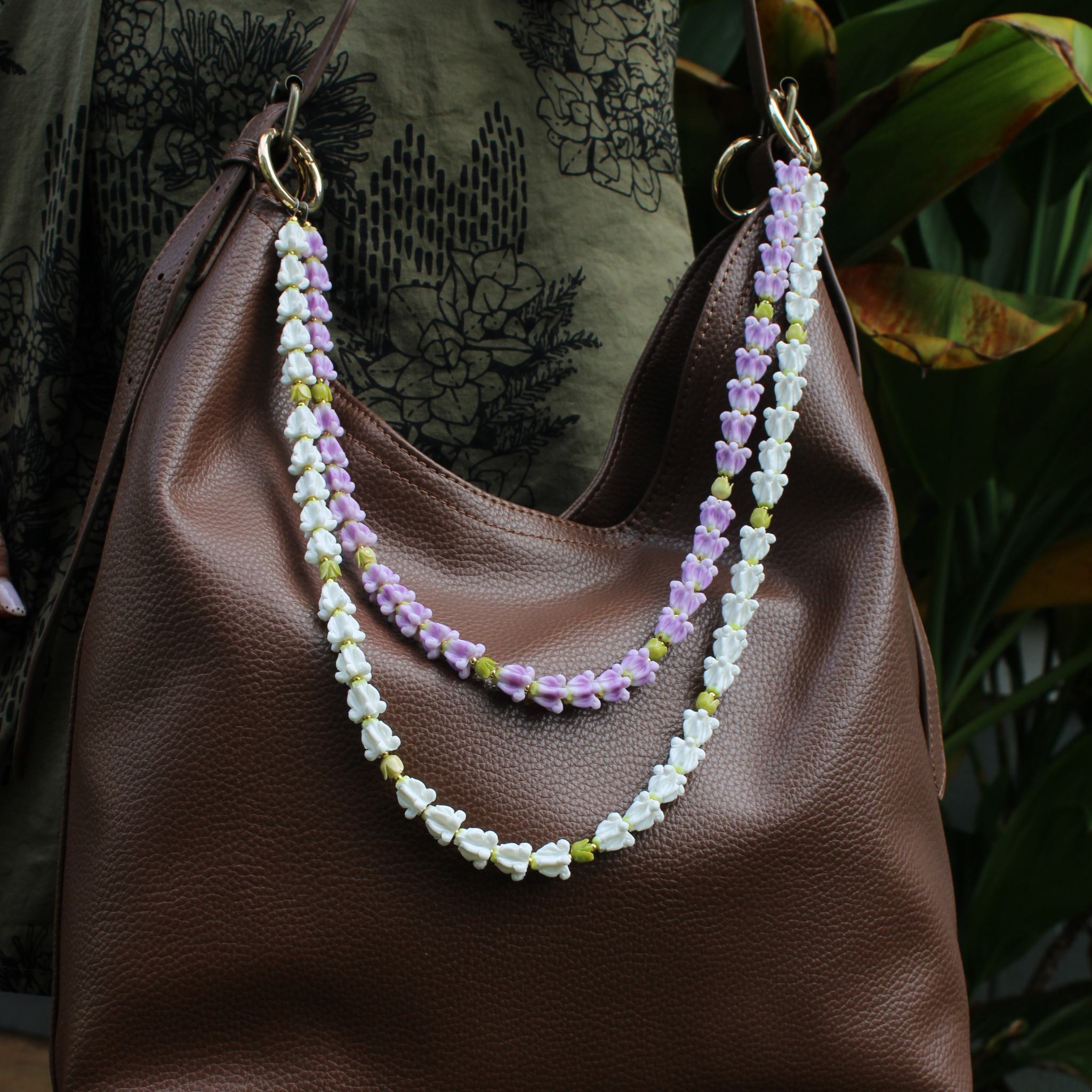 Long Double Strand Purse Lei – Purple & White Crown Flower