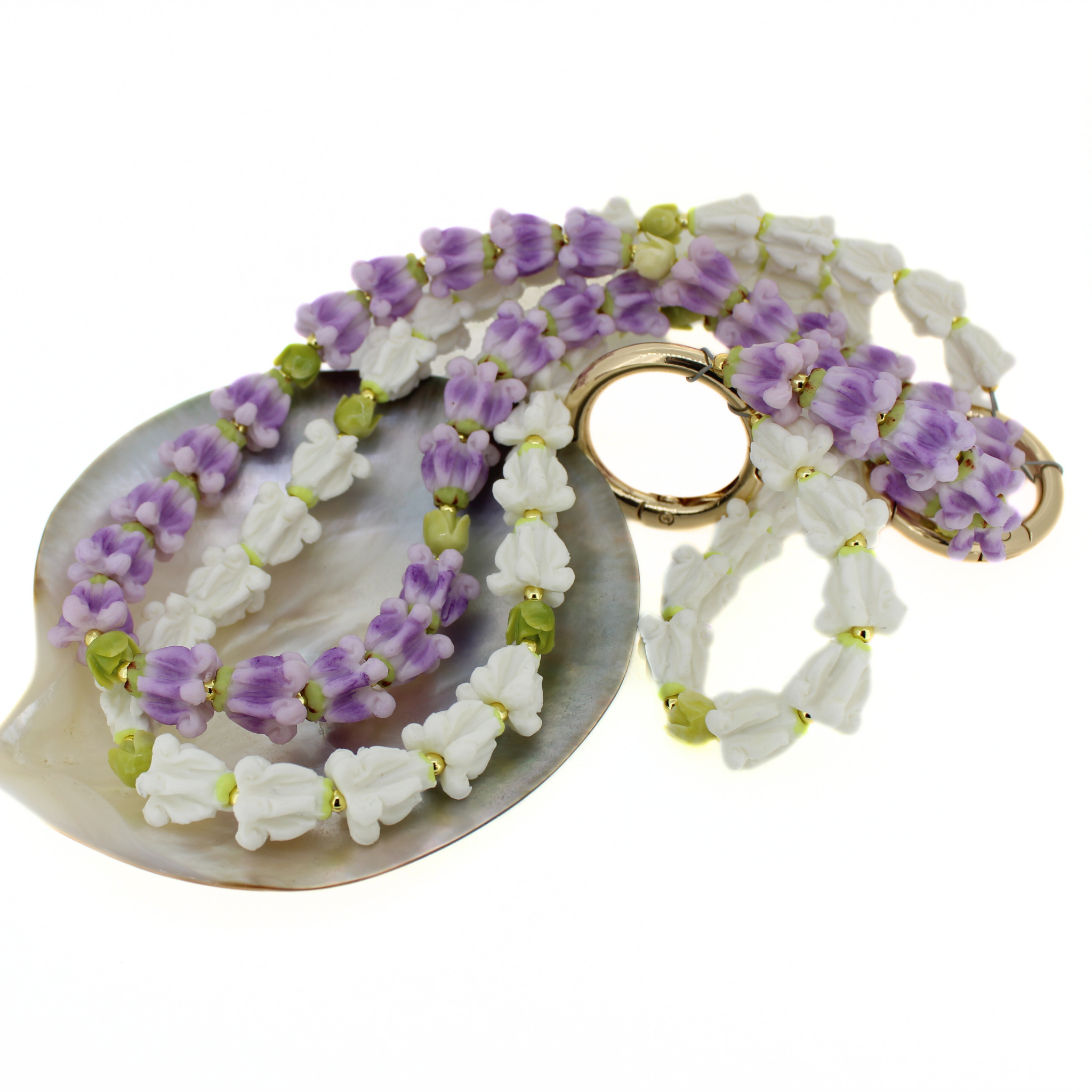 Long Double Strand Purse Lei – Purple & White Crown Flower