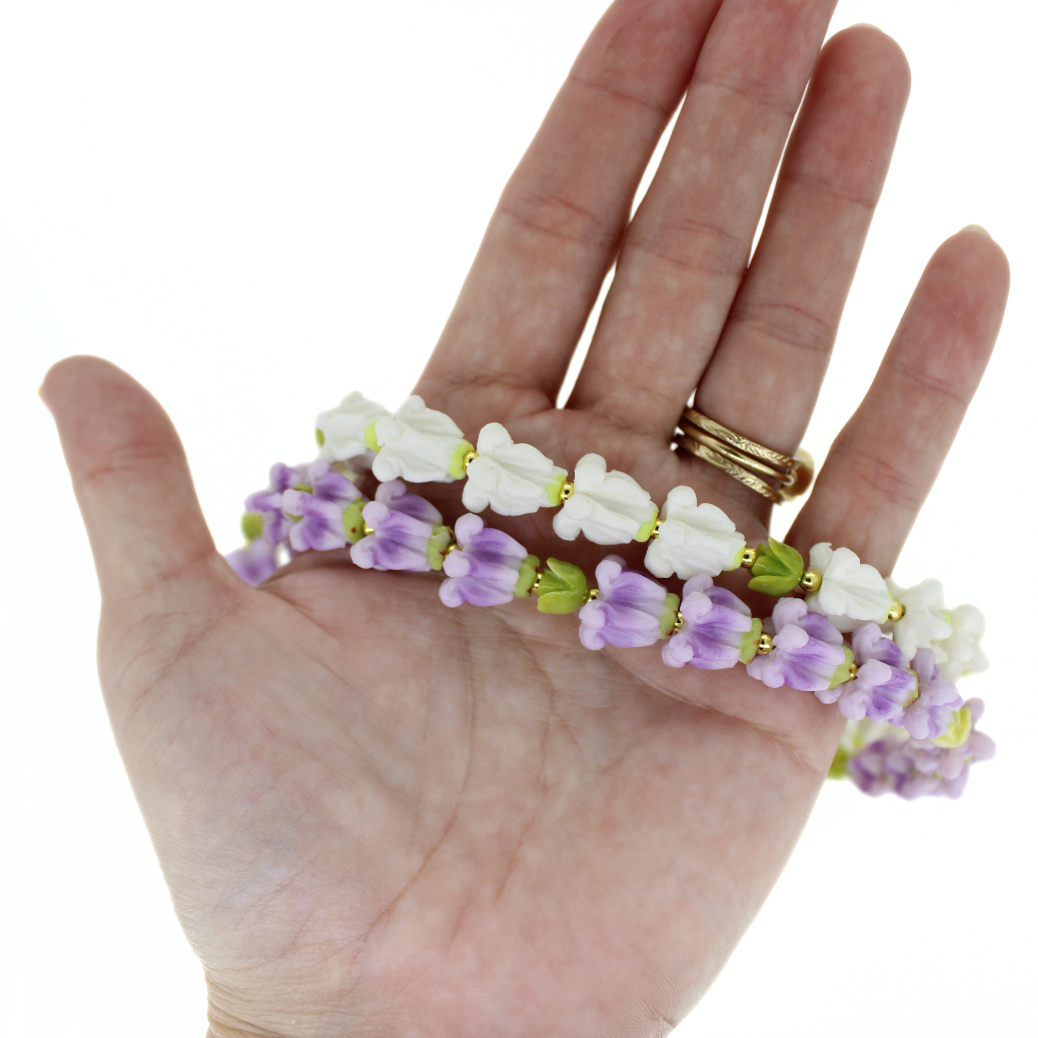 Long Double Strand Purse Lei – Purple & White Crown Flower