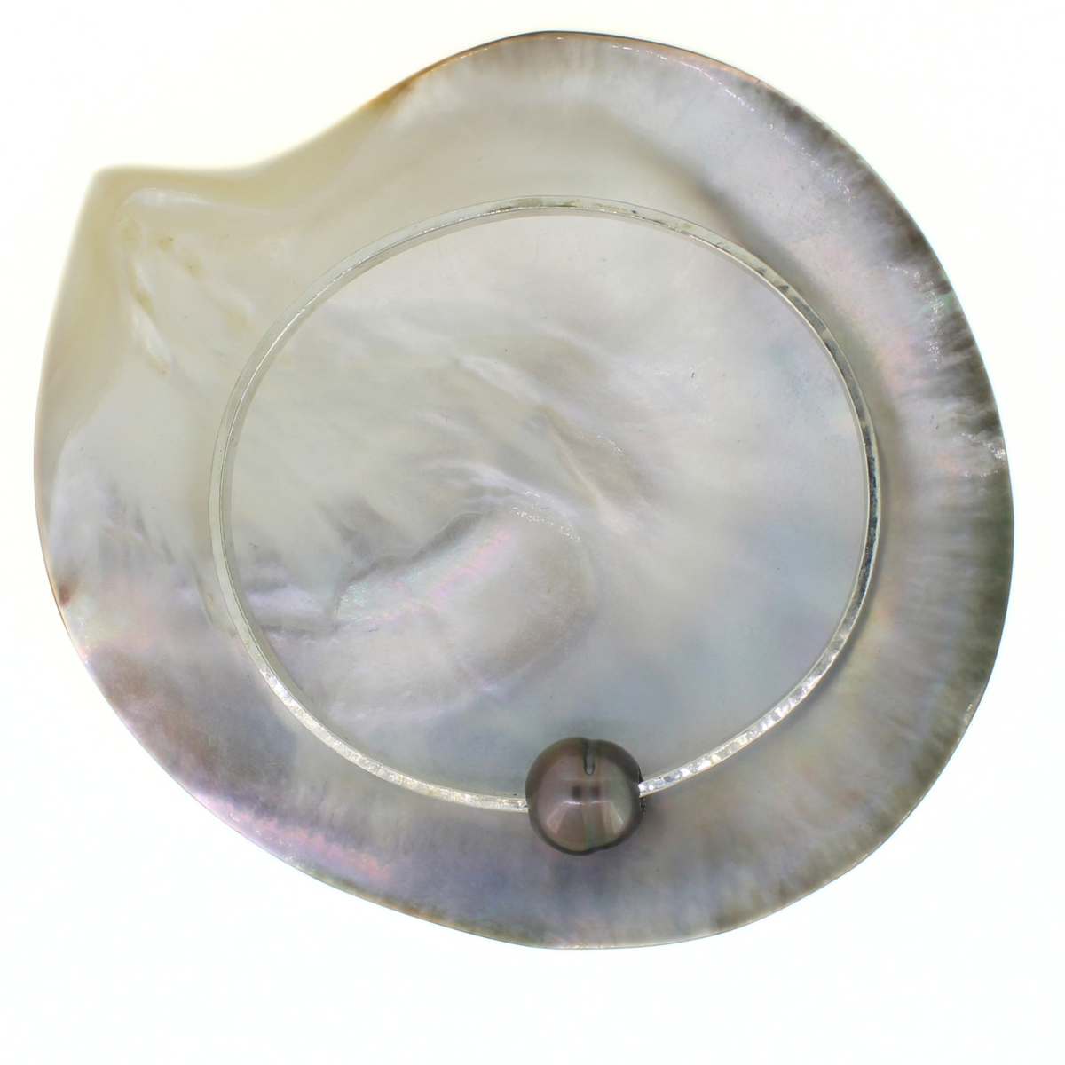 A circular bangle bracelet made from sterling silver, featuring a polished dark gray pearl at the center, shown on a plain white background.