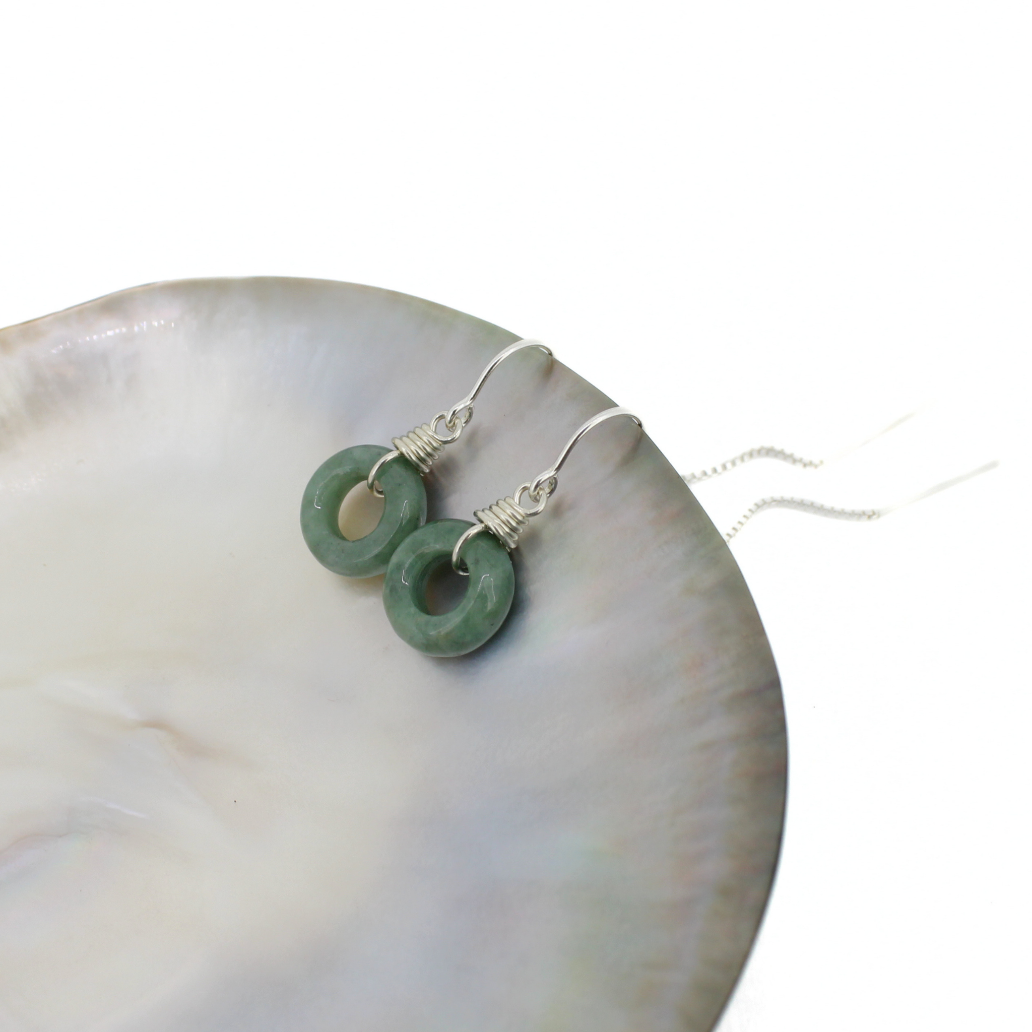 Sterling Silver Green Mini Jade Donut Threader Earrings