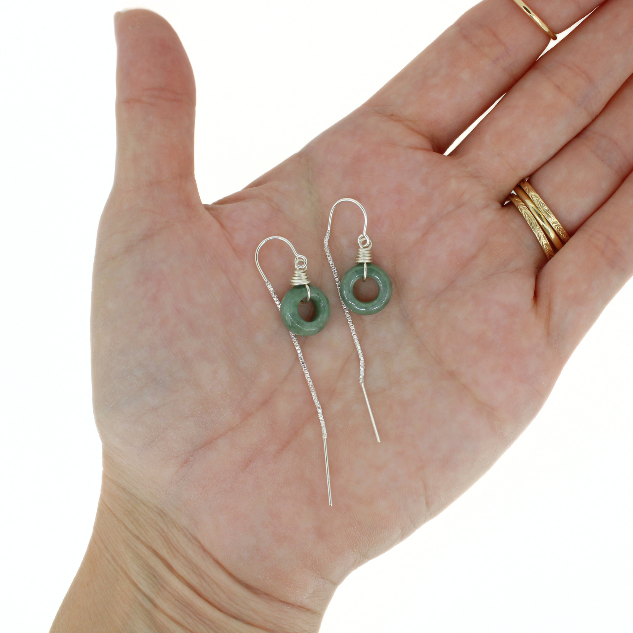 Sterling Silver Green Mini Jade Donut Threader Earrings