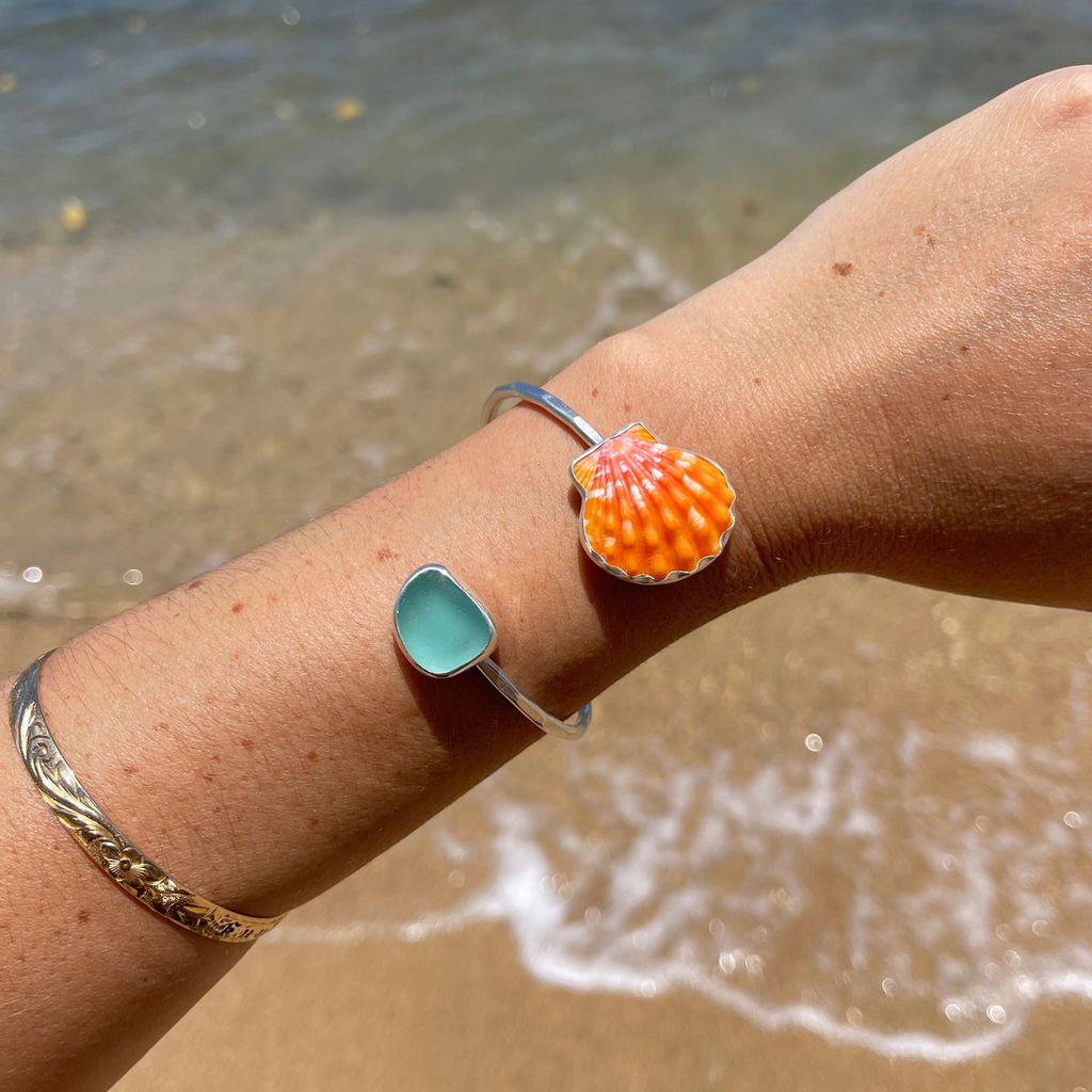 Sterling Silver Sunrise & Sea Glass Bypass Cuff Size Small