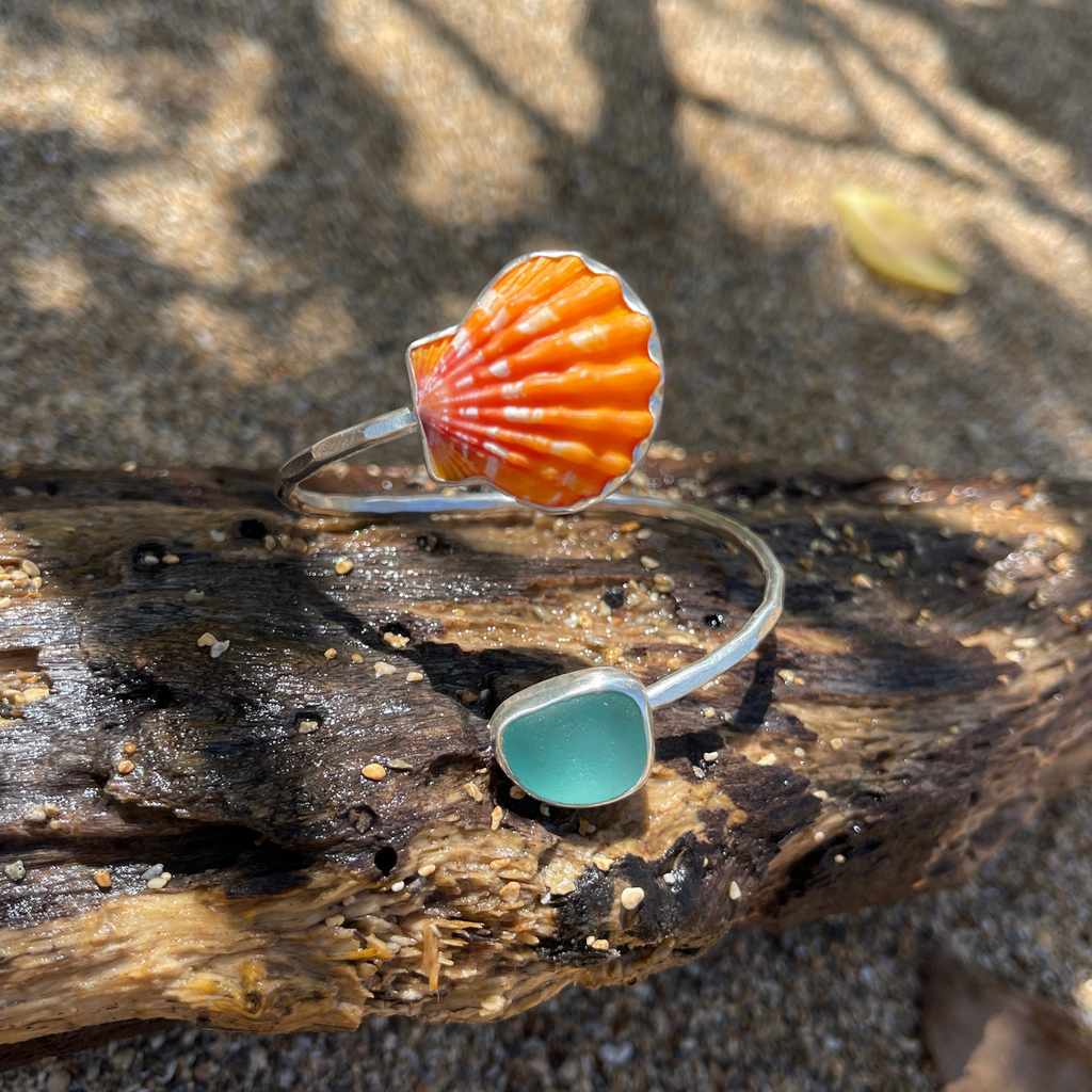 Sterling Silver Sunrise & Sea Glass Bypass Cuff Size Small