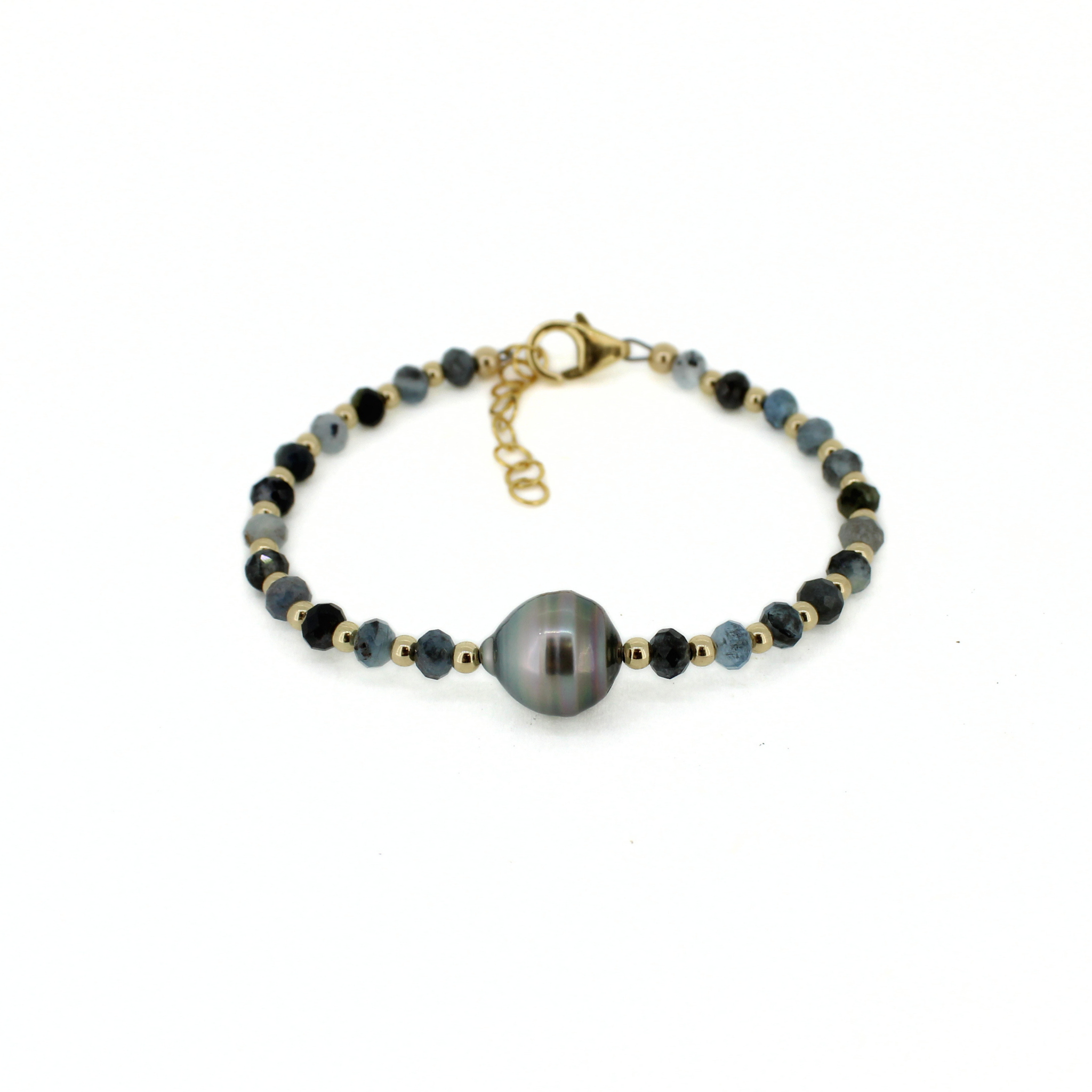 Brianne & Co. 14k gold fill dark aquamarine bracelet featuring a genuine Tahitian pearl