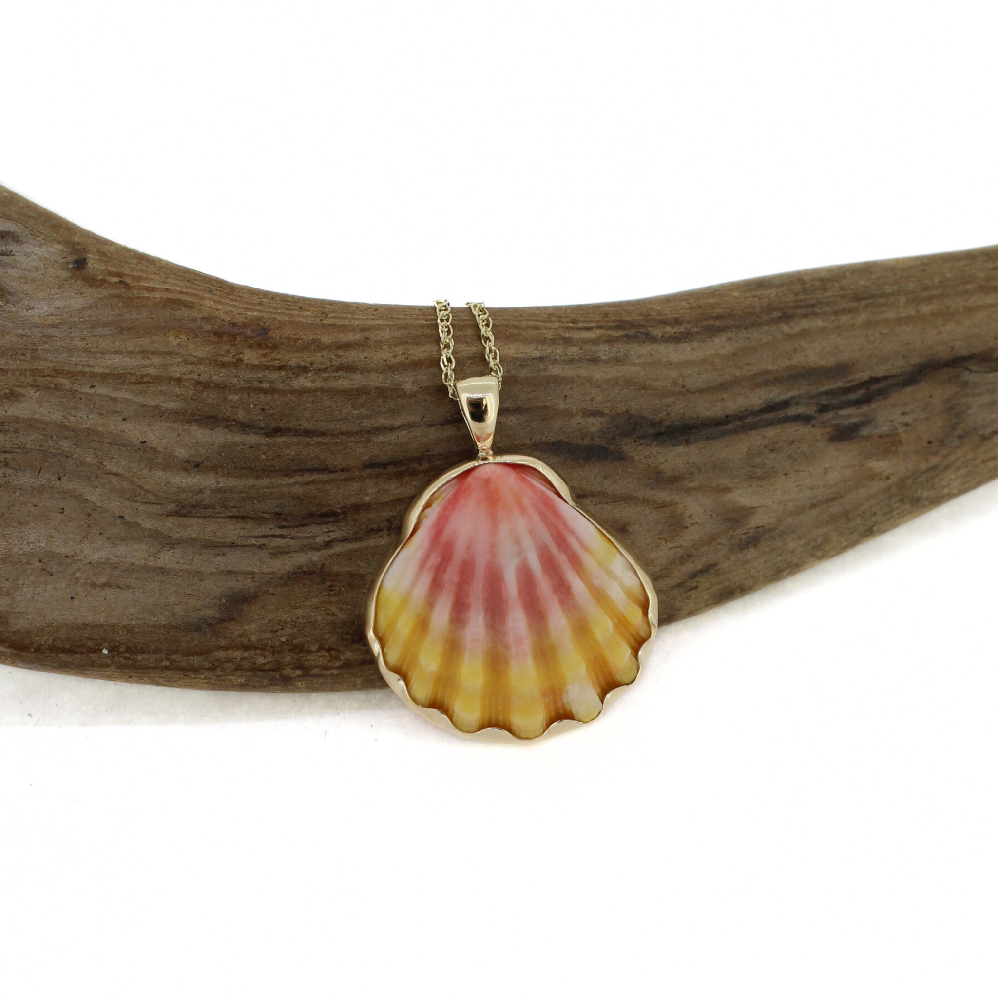 Brianne & Co. 14k gold bezel set yellow and pink sunrise shell necklace