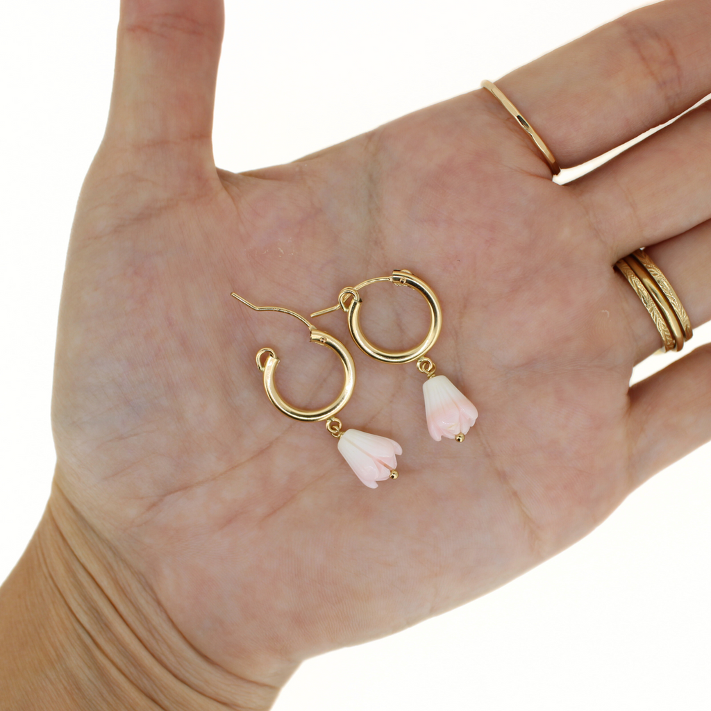 Gold Fill Pikake Flower Conch Shell Hoops 15mm