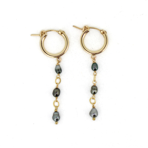 Brianne & Co. gold fill 15mm hoop earrings with little Tahitian keshi pearls side view