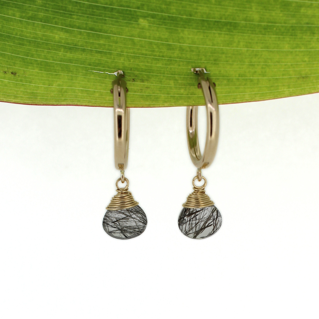 Gold fill 18mm hoop earrings with faceted rutile quartz handmade by Brianne & co.