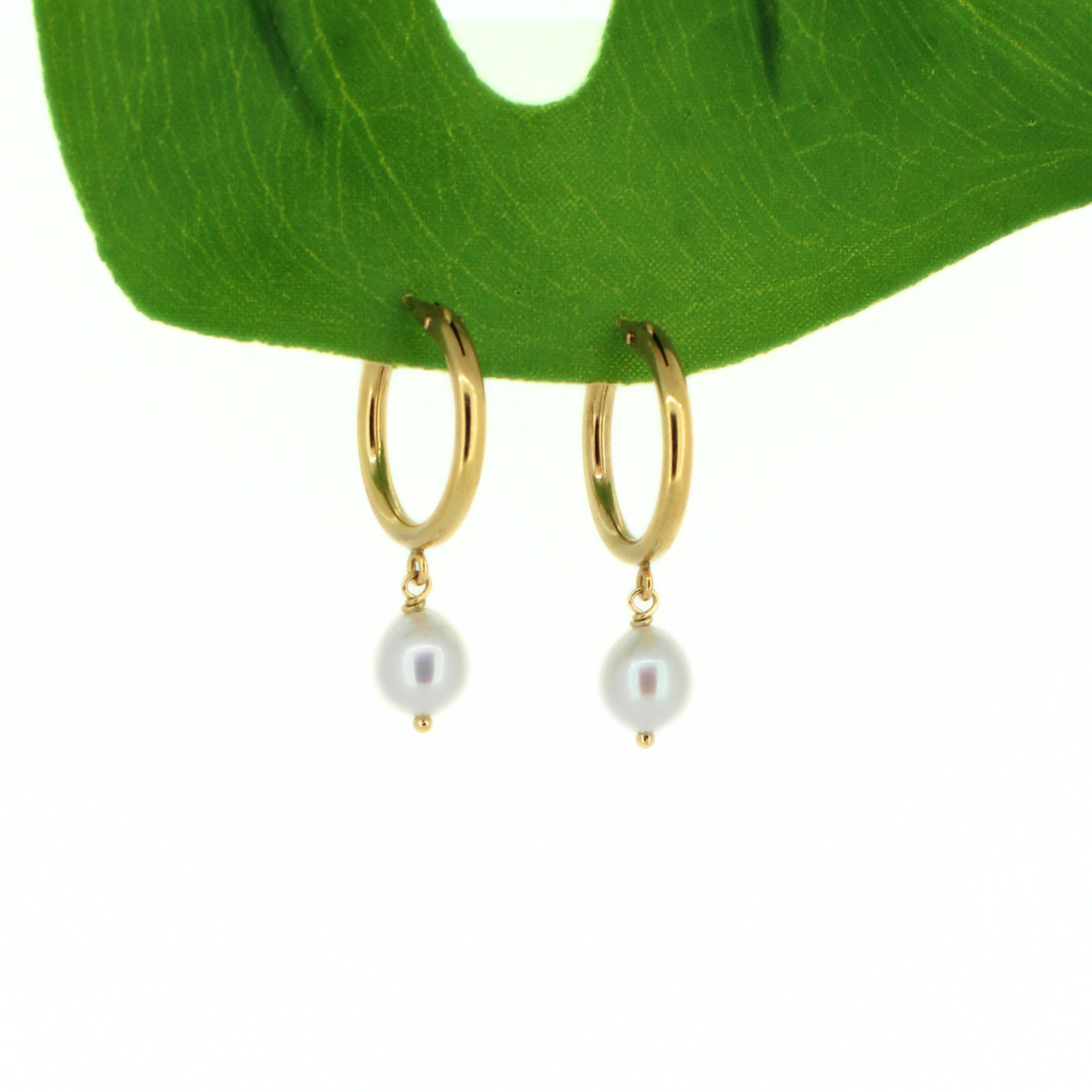 A pair of gold hoop earrings with a single white pearl dangle, displayed on a green leaf against a white background.
