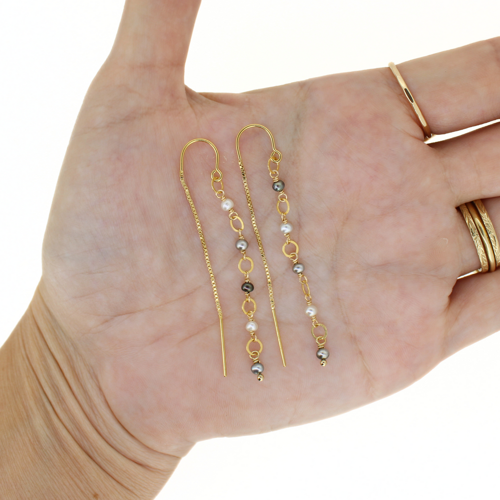 Gold Fill Tahitian Keshi Pearl Threader Earrings w/ Chain