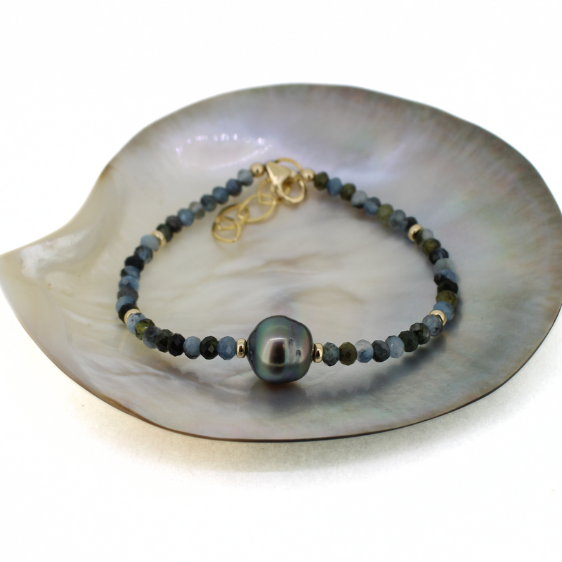 Brianne & Co. gold fill aquamarine and Tahitian pearl bracelet front view