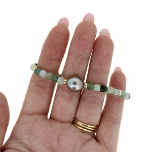 Brianne & Co. gold fill jade Tahitian pearl bracelet on hand