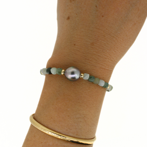 Brianne & Co. gold fill green jade and Tahitian pearl bracelet on wrist for size reference