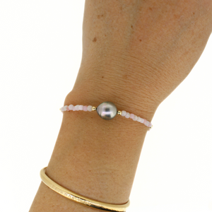 Brianne & Co. gold fill pink opal and Tahitian pearl bracelet on wrist for size reference