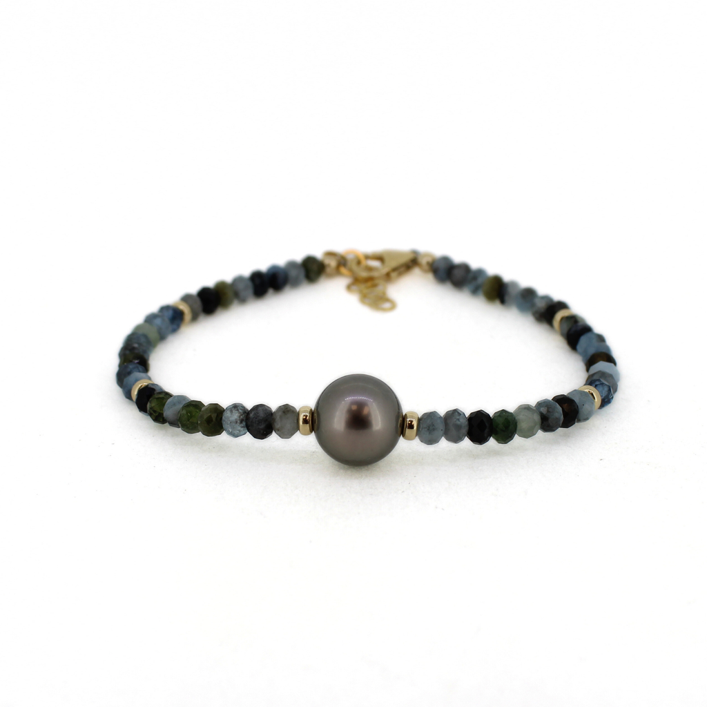 Brianne & Co. handmade gold fill aquamarine and Tahitian pearl bracelet front view