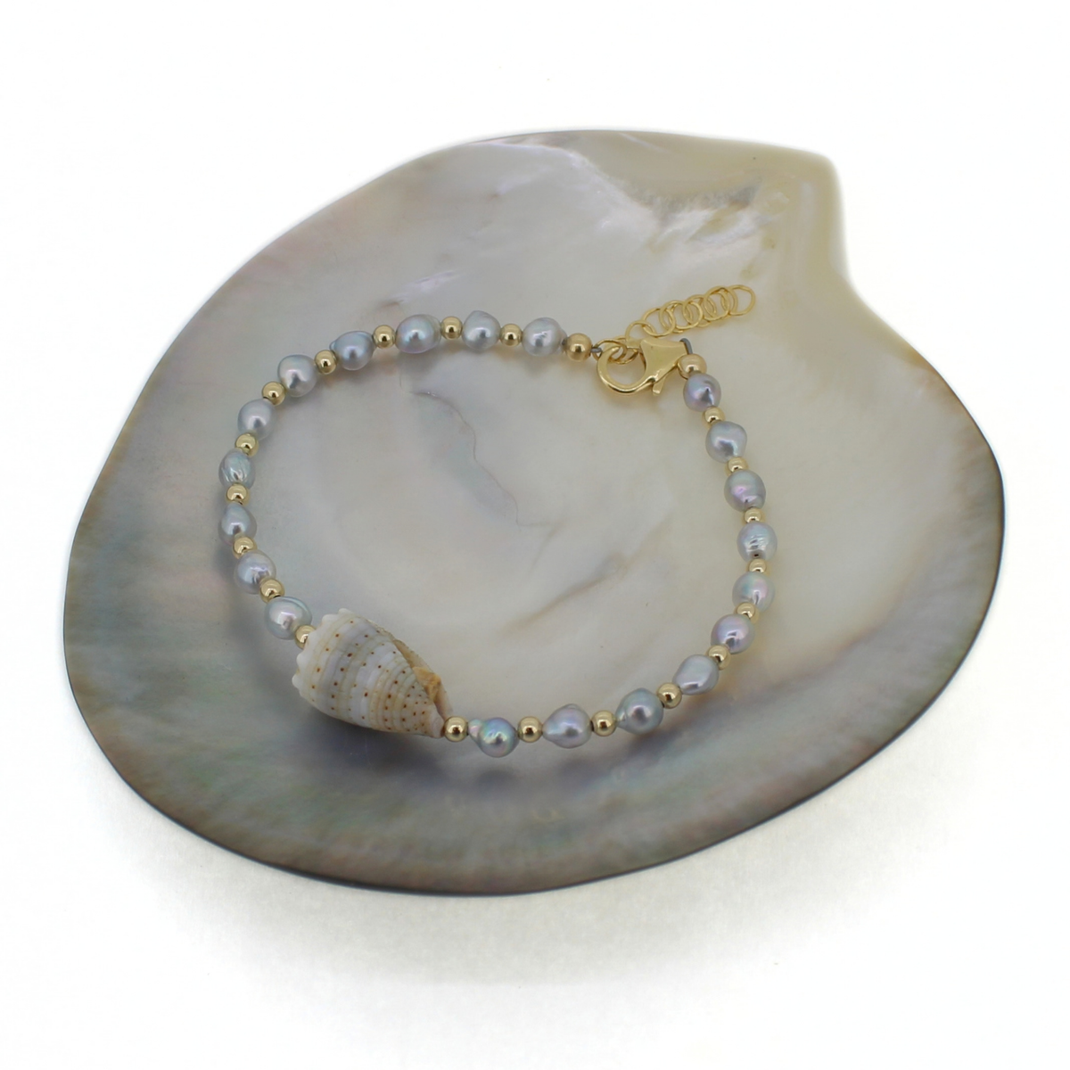 A beaded bracelet with small gray-blue pearls, gold spacer beads, a gold clasp, and a white seashell accent, displayed on a large iridescent shell-shaped tray against a white background.