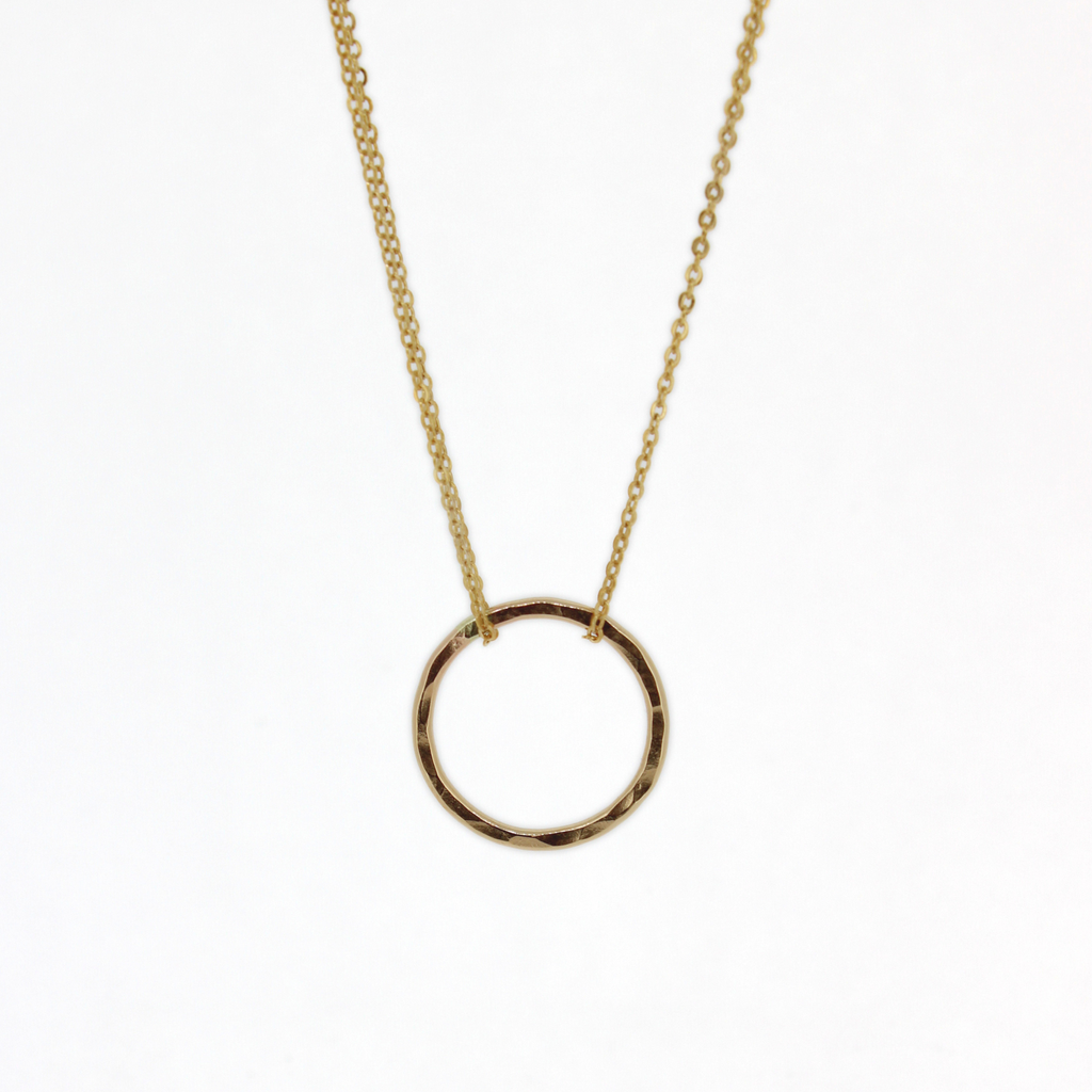 Brianne & Co. yellow gold fill circle pendant necklace with a hammered texture