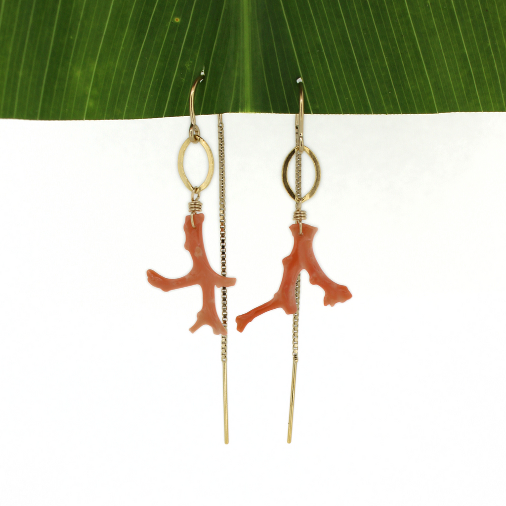 Gold Fill Pink Coral Branch Threader Earrings