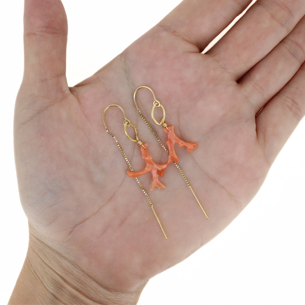 Gold Fill Pink Coral Branch Threader Earrings
