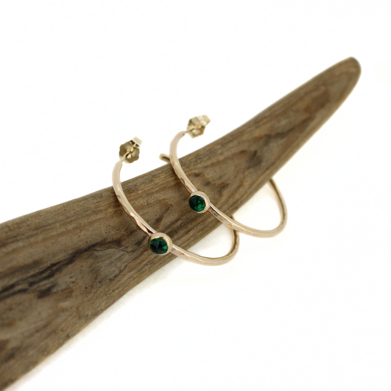 Brianne & Co. small gold fill hoop earrings with tiny faceted emeralds