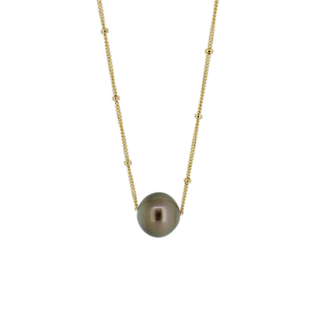 Brianne & Co. gold fill floating Tahitian pearl necklace on a satellite chain