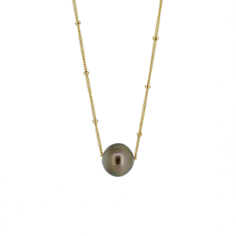 Brianne & Co. gold fill floating Tahitian pearl necklace on a satellite chain