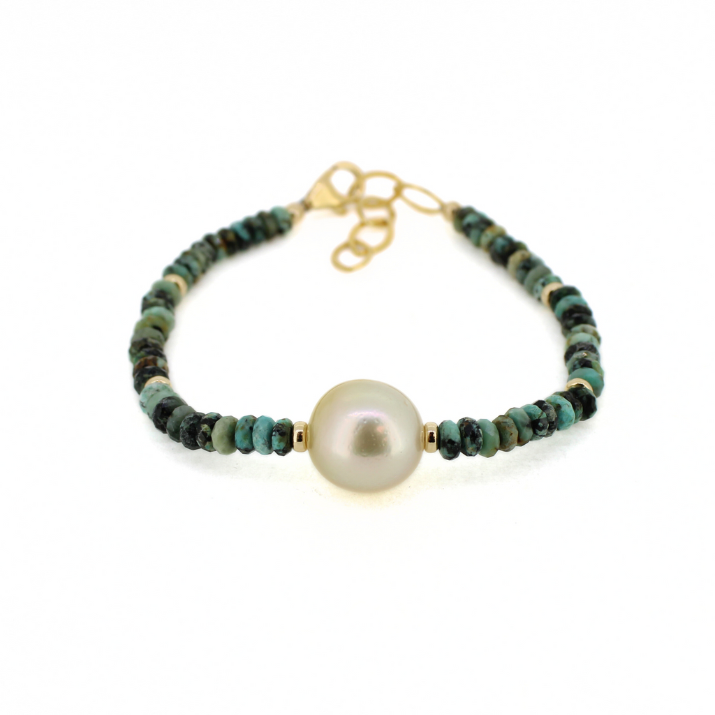 Brianne & Co gold fill African turquoise and golden south sea pearl bracelet front view