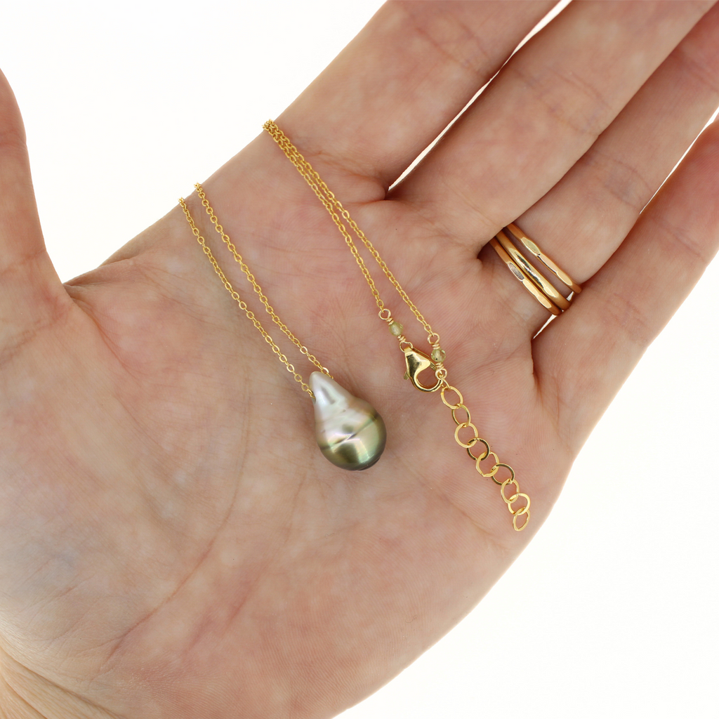 Brianne & Co. gold fill pistachio/silver tear drop Tahitian pearl floating necklace adjustable between 18"-19"