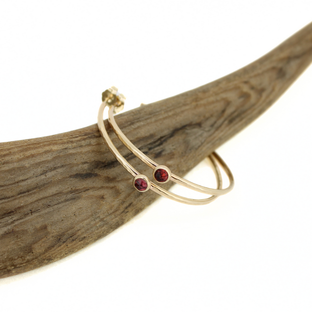 Brianne & Co. gold hoop earrings with pink tourmaline and a hammered textured hoop